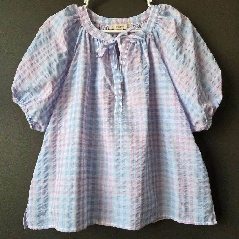 LOFT Petites Blue Purple Gingham Seersucker Puff Sleeve Tie Neck Blouse Lg P